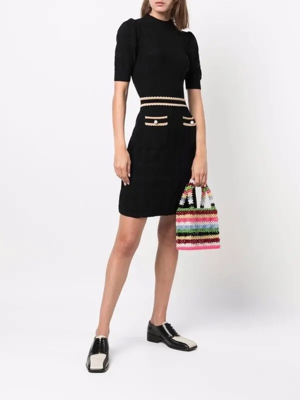 Sandro Black Houndstooth Knit Mini Skirt with Cream Trim